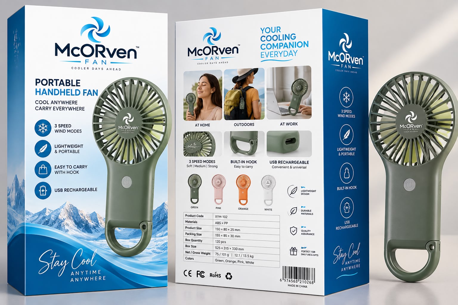 Real McORven Fan branded packaging beside the Green handheld fan