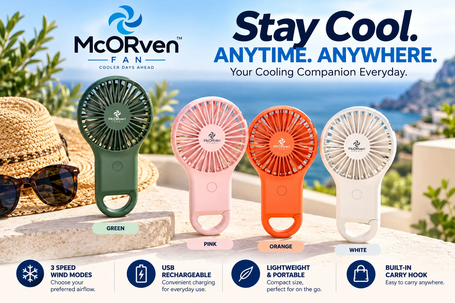 McORven Fan summer campaign featuring Green, Pink, Orange and White